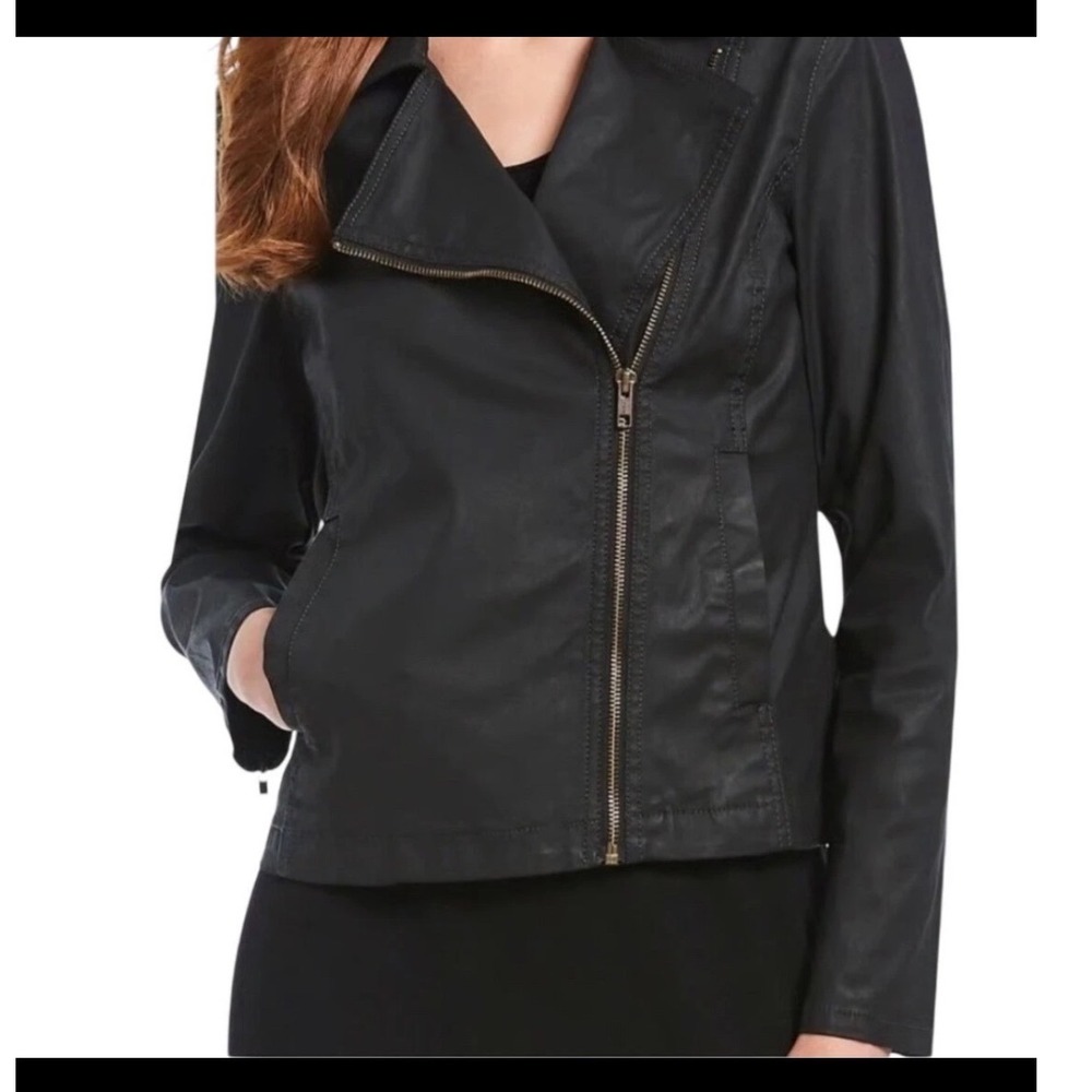 Eileen Fisher Black Coated Italian Fabric Asymmetric Moto Biker Jacket Small/P